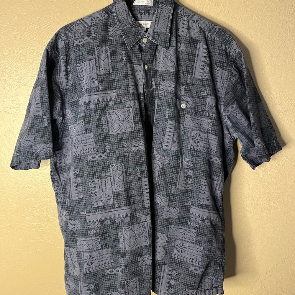 Pierre Cardin Geometric Blue Shirt. Hawaiian style print. Size large.